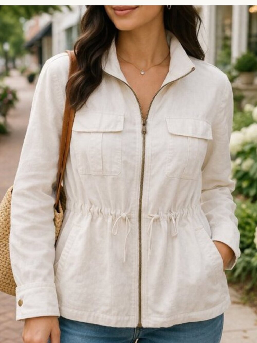 Ivory Linen Blend Utility Safari Jacket Lightweight Cinch Waist | Old Navy | L